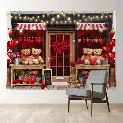 Aperturee Teddy Love Heart Balloon Valentine Shop Backdrop