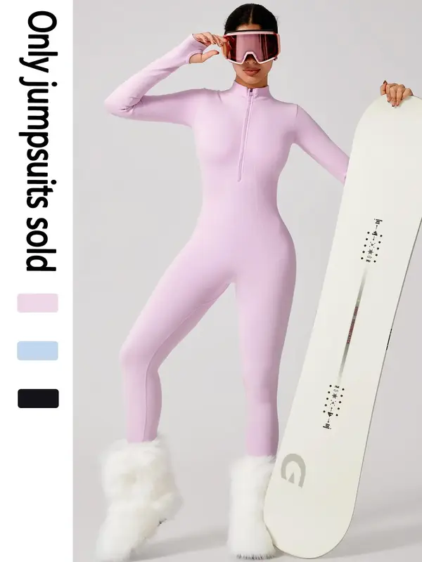 Women's seamless thread high elastic soft warm ski suit Half-Zip Stand Tie Thumb Buckle Non-Slip Yoga Suit Outdoor Ski Walk F...