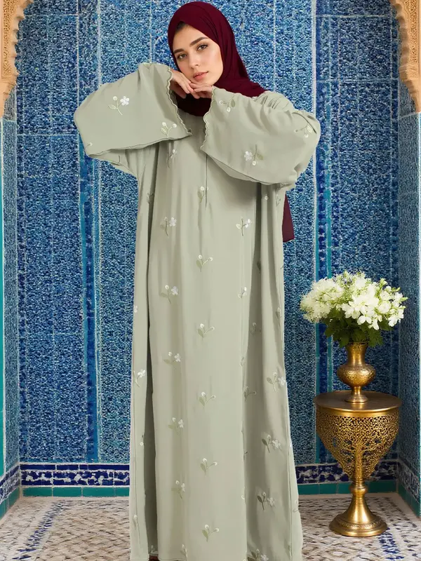 Women's Floral Embroidery  Long Sleeve Dress, Elegant   Dress for Beach Holiday Vacation, Ladies Islamic Clothing for All Sea...