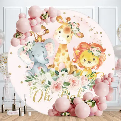 Aperturee Circle Animals Pink Baby Shower Backdrop For Girl