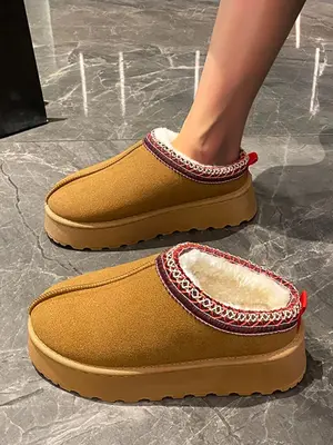 Women's Solid Color Embroidering Trim Design Plush Slip on Snow Boots, Casual Comfortable Warm Snow Boots for Fall & Winter, ...