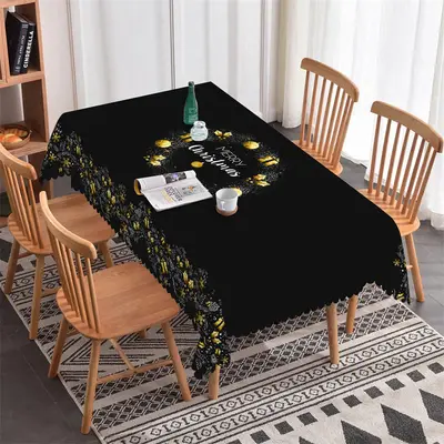 Gold Bauble Stars Gift Christmas Black Tablecloth - Aperturee