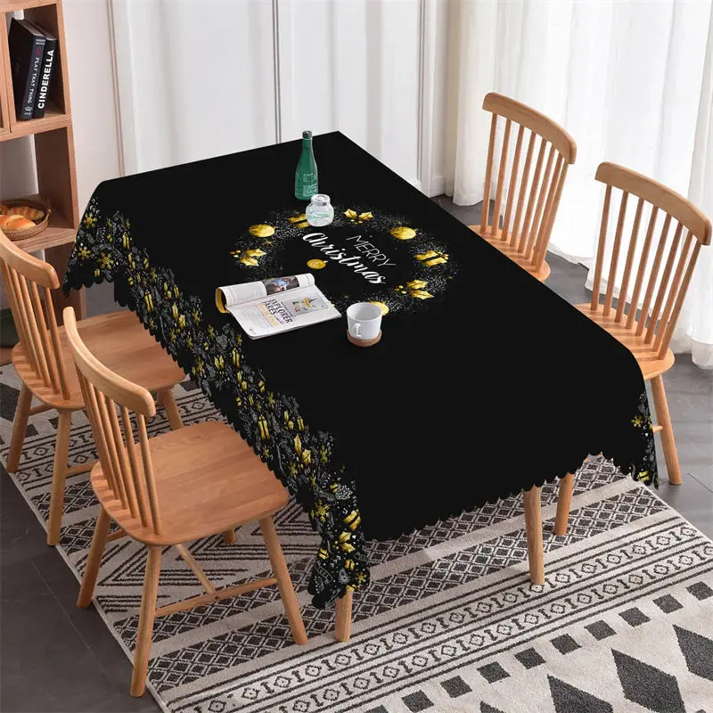 Gold Bauble Stars Gift Christmas Black Tablecloth - Aperturee