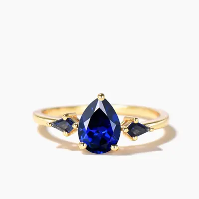 Teardrop Cut Blue Sapphire Three Stone Engagement Ring Minimalist Ring