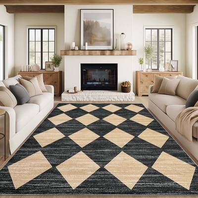 Garvee Plaid Black Beige 9x12 Modern Machine Washable Area Rug - Non-Slip, Stain-Resistant - Plush Soft Material - No Sheddin...