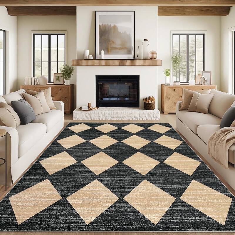 Garvee Plaid Black Beige 9x12 Modern Machine Washable Area Rug - Non-Slip, Stain-Resistant - Plush Soft Material - No Sheddin...