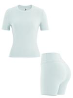 Two-piece Set Women's Solid Tracksuit Set, Sporty Short Sleeve Round Neck Tee & High Waist Biker Shorts Set for Fall, Jogging...