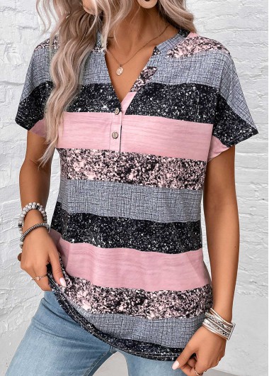Modlily Grey Button Striped Short Sleeve Split Neck Blouse - M