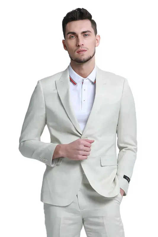 Men's Summer Linen Beach Wedding Suit - Two Button Peak Lapel in Ivory