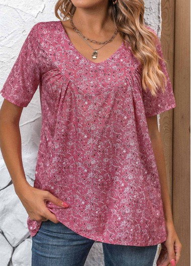 Modlily Pink Ruched Ditsy Floral Print Short Sleeve Blouse - L