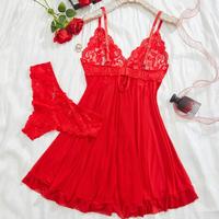 Womens Lace Ruffle Trim Wrap Cami Nightdress & Thong Set Comfort Fabric Adjustable Strap Backless Sleep Dress & Knicker Set U...