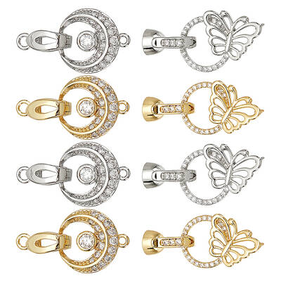 8Pcs 4 Styles Flat Round & Butterfly Brass Clear Cubic Zirconia Fold Over Clasps