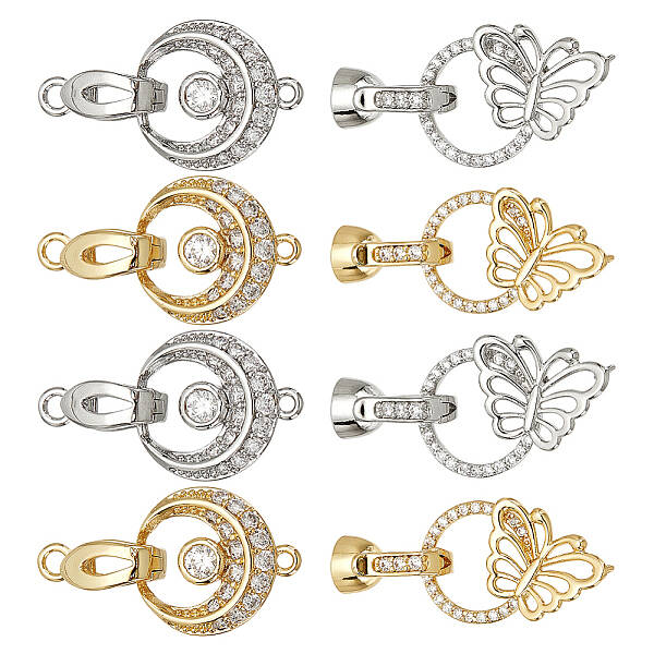 8Pcs 4 Styles Flat Round & Butterfly Brass Clear Cubic Zirconia Fold Over Clasps