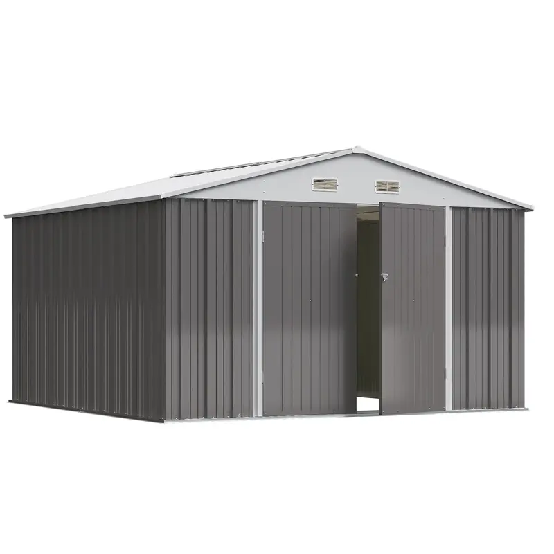 FURMAX 10'x10' Patio Metal Storage Shed Outdoor Storage Shed with Lockable Door Tool Storage Shed for Backyard,Gray