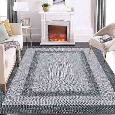 Garvee Bordered Grey 9x12 Boho Braided Area Rug, Washable Vintage Low-Pile Carpet with Non-Slip TPR Backing, Foldable Polyest...