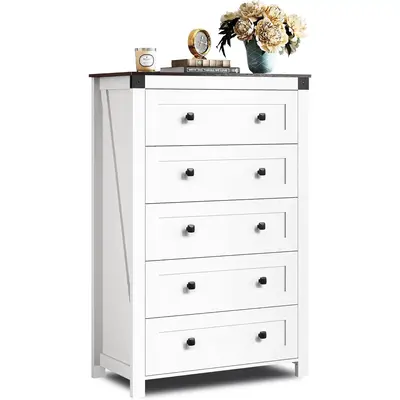WLIVE Farmhouse White Dresser for Bedroom, 5 Drawer Dresser Storage Organizer, Tall Wood Dresser with Double Rustic Handle, C...