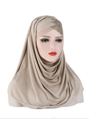 Women's Elegant Sequin Decor Ruched Design Solid Color Instant Hijab, Minimalist Modest Headscarf for Daily Wear, Fashion Acc...