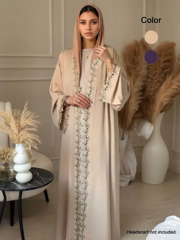 Women's Leaf Embroidery Abaya, Elegant Long Sleeve Open Front Abaya for Women, Ladies Islamic Clothing for Daily Wear