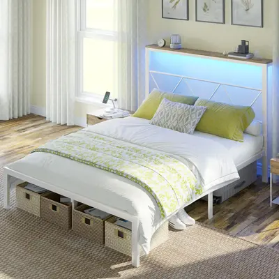 AMERLIFE Metal Bed Frame with Headboard Shelf, Bed Frame with LED Strip Light, 11\