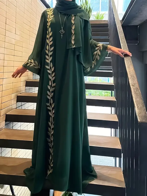 Women's Middle Eastern Style Set, Fashion Round Neck Embroidered Thobe Robe with Unique Headscarf Accessory, Elegant Clothing...