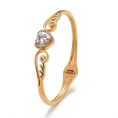Ion Plating(IP) Crystal Rhinestone Double Wing with Heart Cuff Bangle