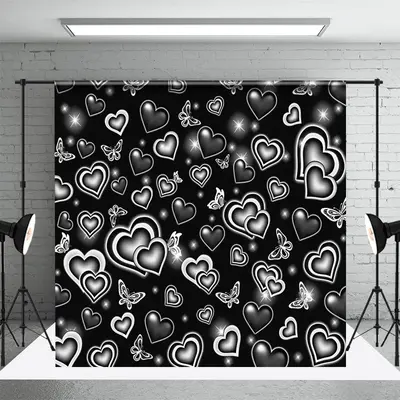 Black White Butterfly Heart Starlight Party Backdrop - Aperturee