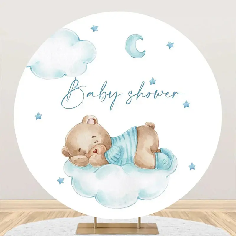 Blue Bear Cloud Moon Star Round Baby Shower Backdrop - Aperturee