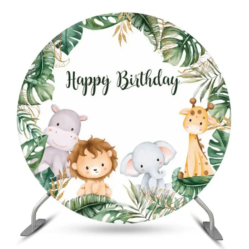 Aperturee Monstera Forest Animals Safari Round Birthday Backdrop | Round Party Backdrop | Custom Round Backdrop | Circular Bi...