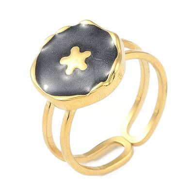 Ion Plating(IP) 304 Stainless Steel Enamel Flat Round with Flower Cuff Finger Rings