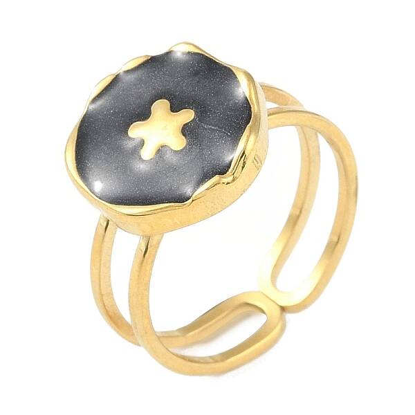Ion Plating(IP) 304 Stainless Steel Enamel Flat Round with Flower Cuff Finger Rings