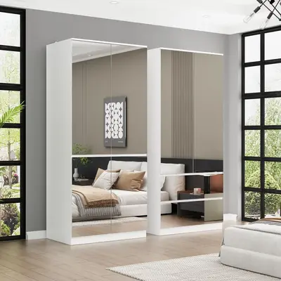 FUFU&GAGA 3 Types Mirror Wardrobe Armoire with Drawers Closet Glass Full Length Mirror Doors Drawers & Hanging Rod Clothes St...