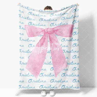 Aperturee Cute Pink Bow Tie White Blue Custom Name Blanket, 30x40in(76x102cm), 26 USD, name blankets, YMBD0Z29-S