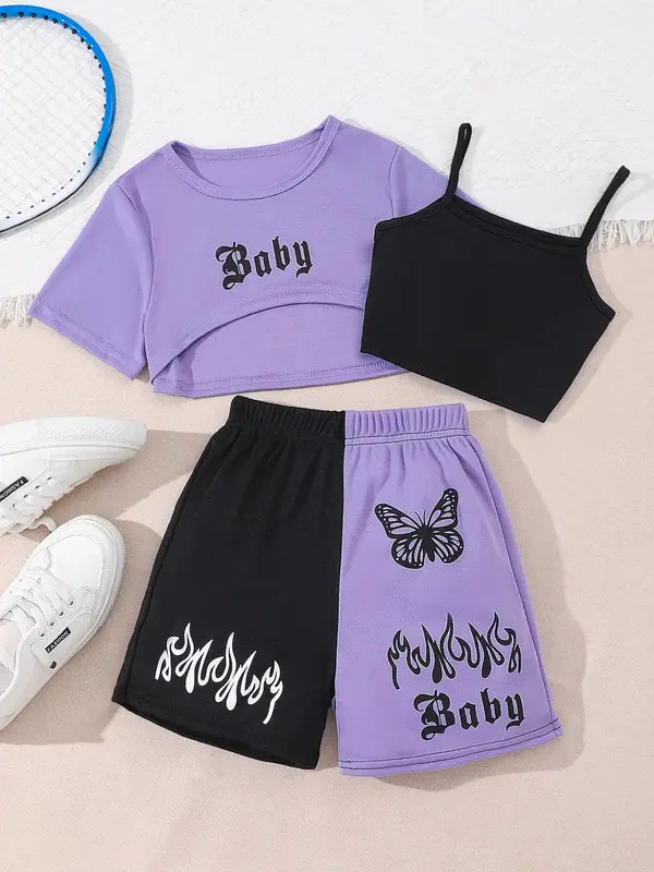 Girl's Letter Print Crop Tee & Elastic Waist Shorts & Cami Top Set, Casual Soft Comfy Short Sleeve  T-shirt  & Shorts & Camis...