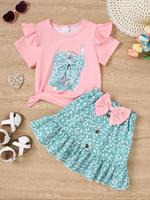 Two-piece Set Girl's Girl Print Tee & Bow Decor Skirt, Casual Cute Fashion Round Neck Short Sleeve T-shirt & Skirt for Daily ...