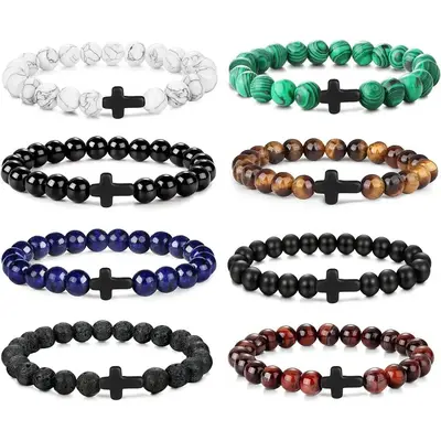 8 pieces Cross Bead Bracelets for Women Men 8mm Tiger Eye Lava Rock Stone Stretch Elastic Cross Bracelet Set