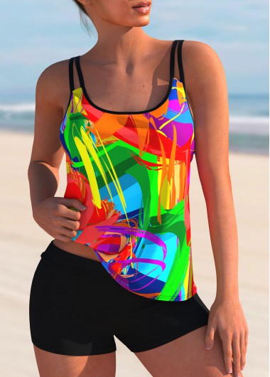 Modlily Rainbow Color Stroke Print Wide Strap Tankini Set - S