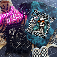 You Give My Middle Finger an E -  Blue & Teal Tie Dye Shirt | Punk, Alt, Grunge, Goth, Skeleton Style