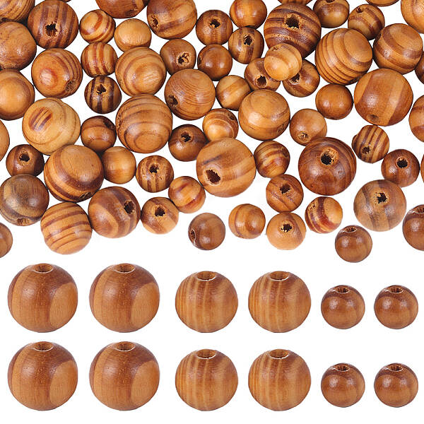 300Pcs 3 Styles Round Natural Wood Beads