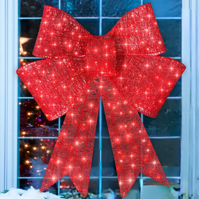 Best Choice Products Pre-Lit Christmas Bow, Large Outdoor LED Lighted Holiday Décor w/ 8 Light Functions, Hook