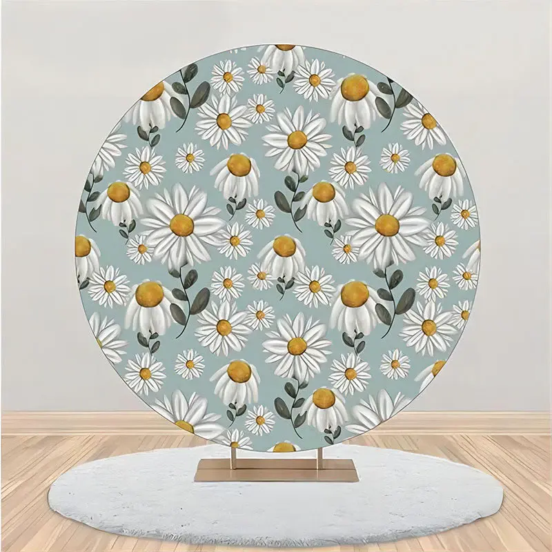 White Green Floral Leaves Round Birthday Backdrop - Aperturee
