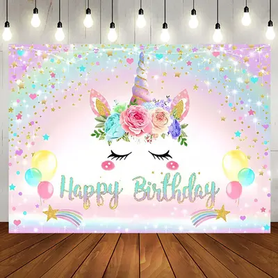 Rainbow Floral Unicorn Sparkle Birthday Backdrop - Aperturee