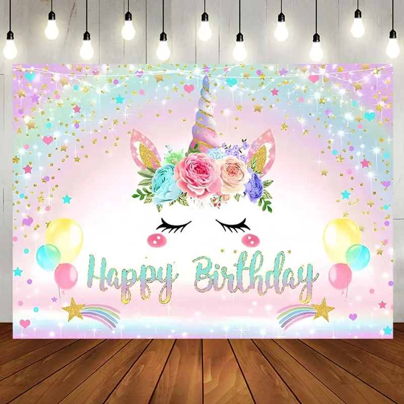 Rainbow Floral Unicorn Sparkle Birthday Backdrop - Aperturee
