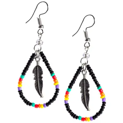 Beaded Feather Teardrop Earrings - Purple