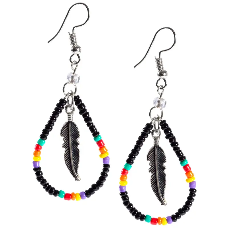 Beaded Feather Teardrop Earrings - Purple
