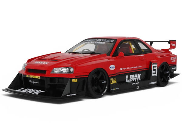 2020 Nissan Skyline GT-R (R34) LB-Super Silhouette RHD (Right Hand Drive) #5 Red and Black 1/18 Model Car by GT Spirit