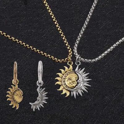2 PCS Asymmetrical sun and moon necklace sun and moon asymmetrical earrings couple friends jewelry gift