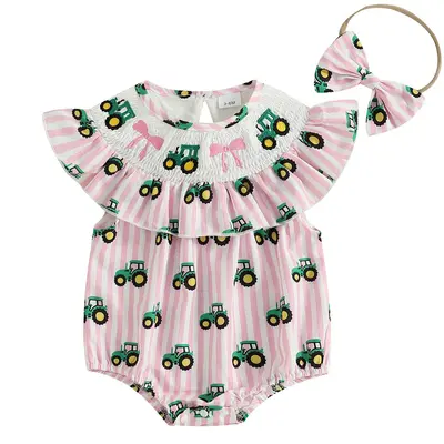 Baby Girl Tractor Bow Embroidery Smocked Bubble Romper Stripe Onesie Bodysuit Headband Cute Infant Farm Theme Summer Outfits