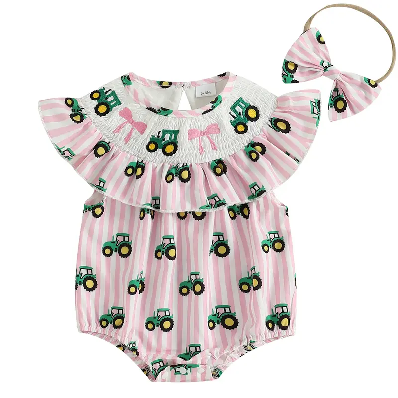 Baby Girl Tractor Bow Embroidery Smocked Bubble Romper Stripe Onesie Bodysuit Headband Cute Infant Farm Theme Summer Outfits