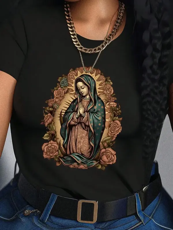 Women's Floral & Figure Print Round Neck Tee, Trendy Casual Short Sleeve Crew Neck T-shirt for Daily Wear, Summer Clothes, G...