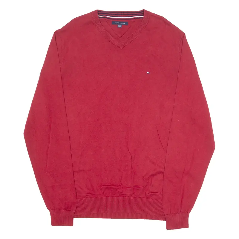 TOMMY HILFIGER Mens Jumper Red V-Neck Tight Knit 2XL